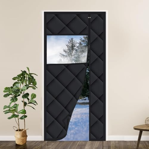 Rideau de porte magnétique isolé avec isolation phonique en polaire Idéal pour climatiseur chambre, terrasse et chambre à coucher, noir, 110 x 220 cm (l x H)