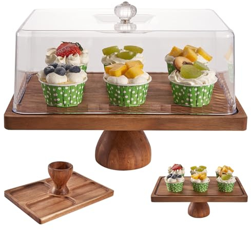LiTY Cake Stand with Lid, 13″ Rectangular Multi-Functional Cake Holder, Acacia Solid Wood 2-in-1 Dessert Table Display Set, Charcuterie Board for Cheese ,Fruit Platter, Large Acrylic Cake Dome Cover