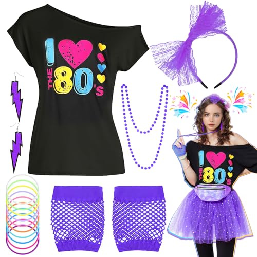 80er Jahre Damen Kostüm Set,6 teiliges 80er Jahre Outfit mit T-Shirt, Stirnband, Blitz-Ohrringen, Kette, Armband & Netz-Handschuhen Neon Retro Verkleidung für 80s Themenpartys Cosplay (Lila, XXL)