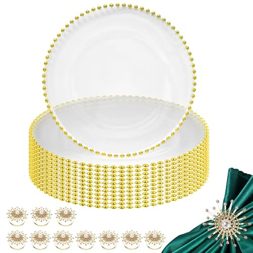 Clear Glass Charger Plate Set with Gold Beaded Rim & Pearl Diamante Napkin Rings – Elegant 33cm Chargers for Weddings, Parties, Banquets, Events & Luxury Table Décor - 12 Pcs