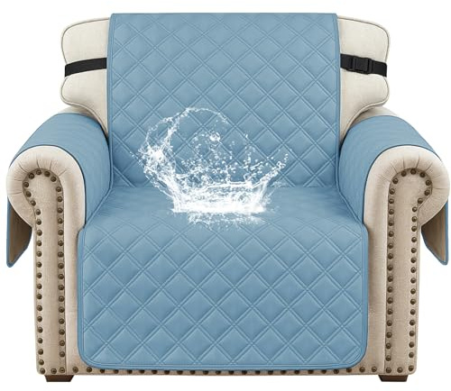 YSTELLAA 100% Wasserdicht Sesselhusse 1 Sitzer, Sofabezug rutschfest, Gesteppte Sofaüberzug Mit Seitentaschen, Couchschoner, Couch Überzug Kratzfest Für Haustiere Hunde Katzen, Hellblau