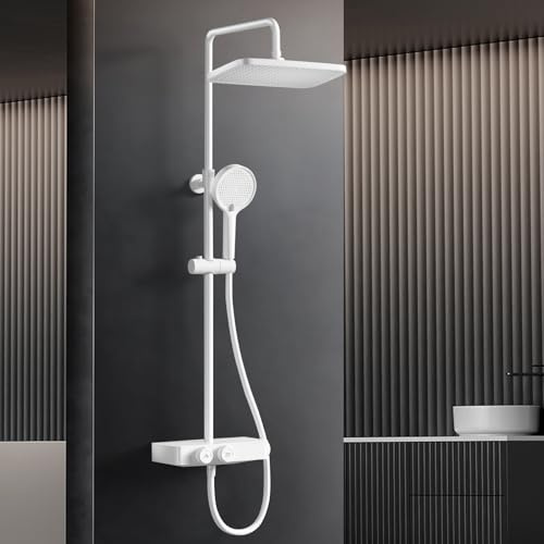 HANLIAN Mattes Weiß Duschsystem mit Thermostat, Duscharmatur Komplettset | Regendusche mit Sicherheitsverriegelung, Duschamaturenset Regendusche mit Anhebbarer Brausestange (Stil L38)