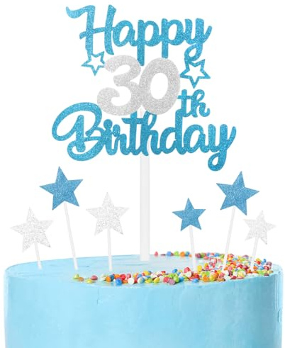 mciskin Blue and Silver Party Decorations,Women Men 30th Birthday Decorations,Personalised Cake/Cupcake Toppers Decorate for Men,Blue Silver Happy 30th Birthday Cake Toppers for Party Favor Supplies