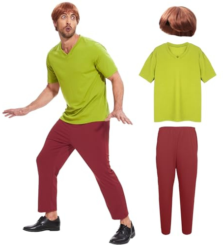 AKFJDLAD Halloween lurvig kostym för vuxna och män – kostym en klassisk filmfigur grön kortärmad t-shirt och bruna byxor outfit med peruk (S)