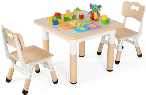 Clevich Tavolo per Bambini con 2 Sedie, Set di Seggiolini per Bambini Regolabile in Altezza, Sedie Ergonomico Adatto dai 3 Anni in su, Multifunzionale, per Cameretta e Soggiorno, Giallo
