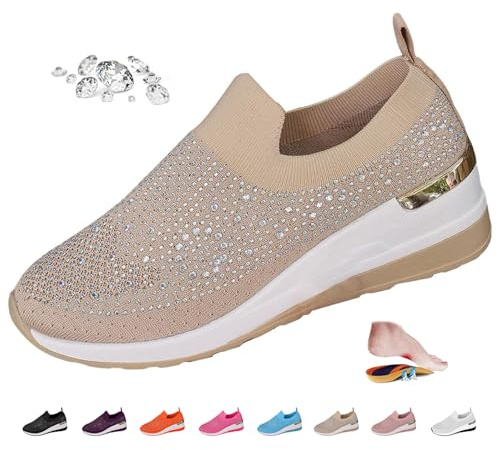 ZPLMIDE Donna Scarpe da Ginnastica con Zeppa e Strass, Traspiranti, Casual, Slip-On, Scarpe da Ginnastica con Zeppa Scintillante, Cachi, 0 UK Wide