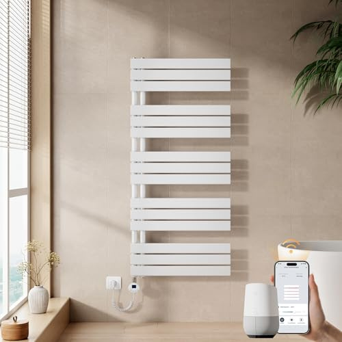 EMKE WiFi Handtuchheizkörper Elektrisch 1320x600 mm - Flach Badheizkörper Elektrisch, Elektrischer Handtuchwärmer Handtuchtrockner Handtuchheizung mit Thermostat und Heizstab - 800W, Weiß