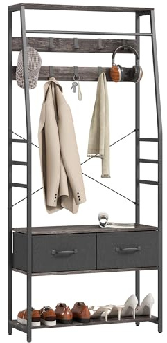 HOMCOM Coat Rack with Shoe Storage Hall Tree Hall Stand Grey | Industrial Coat Stand with Shoe Bench, 10 Removable Hooks, 2 Fabric Drawers, Clothes Rail, Entryway Hallway