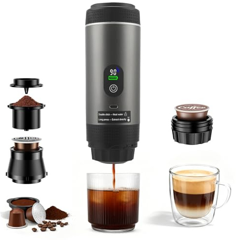 Tragbare Kaffeemaschine, 3 in 1 Akku Kaffeemaschine mit Elektrische Selbsterhitzung über USB - C, Kompatibel mit Kapsel & Gemahlener Kaffee, Mini Espressomaschine für Camping, Auto, Reise (grau)
