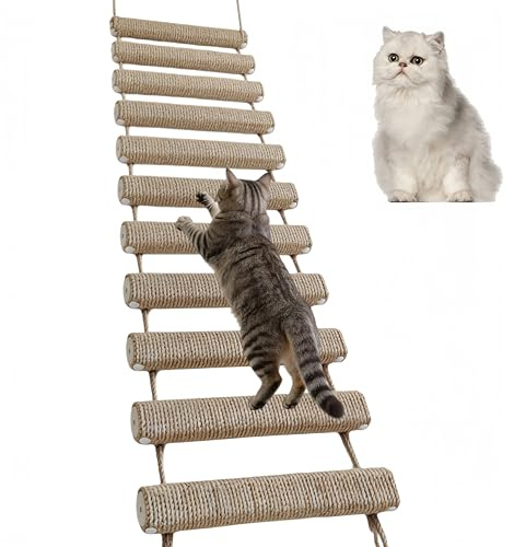 Scala per Gatti, Scala da Arrampicata Ponte per Gatto Struttura per Arrampicata in Corda di Sisal Corda Tiragraffi per Gatti Ponte per Gatto per Parete Mobili per Animali Domestici (Cachi, 150 cm, 1)