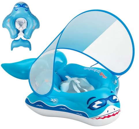 Qoosea Schwimmring Baby von 6 Monate bis 3 Jahre, Aufblasbar Schwimmreifen Baby mit Abnehmbarem Sonnendach UPF50+, Verstellbarer Schwimmsitz für Jungen und Mädchen Baby Float Mitwachsende Schwimmhilfe