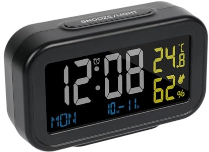 EXTRASTAR LCD Horloge Digitale Réveil, Réveil de Voyage avec Calendrier Rétroéclairé Snooze, 12/24H Réveil Numérique à Piles avec Suivi de l'Humidité et Température pour Voyage Chambre Bureau, Noir