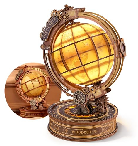 FUNPOLA Puzzle 3D de Madera Star Orbit Globe con Luces LED – Modelo de Globo Giratorio DIY con Luz Cálida, Decoración de Escritorio Estilo Steampunk, Regalo para Adultos y Adolescentes (14+)