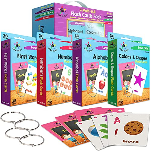 Star Right Lot de 4 cartes flash – Chiffres, alphabets, premiers mots, couleurs et formes – Cartes flash avec anneaux pour pré-maternelle – K