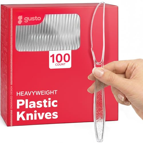 GUSTO Heavy Duty Disposable Clear Plastic Knives [100 Count] Engraved