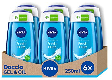 NIVEA Doccia Gel Fresh Pure in Confezione da 6 x 250 ml, Docciaschiuma Fresco e Rigenerante, Detergente Corpo gel Arricchito con vitamina C ed E e Minerali Marini