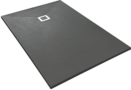 Veroni Duschwanne aus Kompositstein mit Schiefer-Muster flach (TxBxH) 120 x 90 x 3 cm Schwarz | Schieferstruktur, flach und modern, rutschhemmend, robust, inkl. Ablaufgarnitur