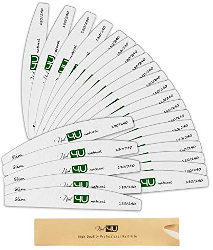 Pack of 25 Nail Files Half Moon Professional Thin Emery Boards for False Nails Acrylic Gel Tips Manicure tools by Nail4U 180/240 Grit, Double sided Slim Nail File