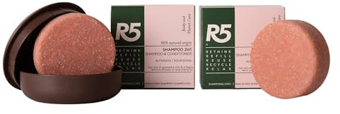 R5, Kit 2 x Shampoo 2-in-1 Solido Nutriente al Profumo di Fiori e 1 Portasapone in Plastica 100% Riciclata, Prodotti Made in Italy, Idea Regalo