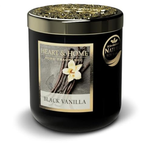 HEART & HOME - Candela profumata a base di cera naturale di soia per la casa - Piccolo vaso di vaniglia nero - Durata di combustione 30 ore - Regalo, decorazione e profumo per la casa - vaso di vetro