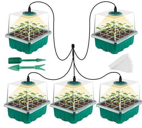 BTONGE Neu 5 Stück Mini Gewächshaus Anzuchtset mit Sonnenähnliche Pflanzenlichter mit vollem Spektrum, Zimmergewächshaus Anzucht Kasten mit Deckel und Belüftung, 10 Etiketten, 2 Werkzeuge