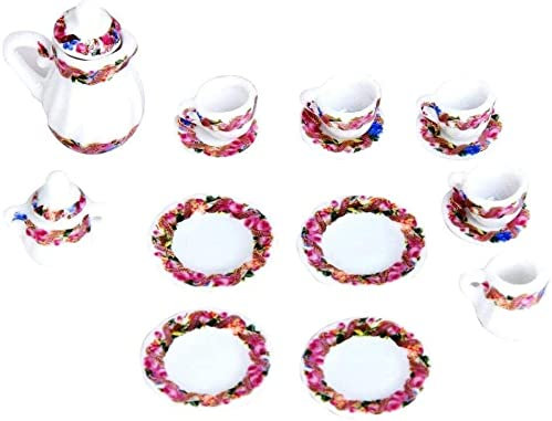 GIVBRO Doll House - Juego de té de porcelana en miniatura, taza, placa con estampado floral colorido, 15 piezas
