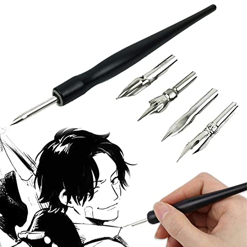 Set Pennini Calligrafia e Disegno Manga - 1 Portapenne e 5 Pennini per Scrittura, Fumetti e Cartone Animato