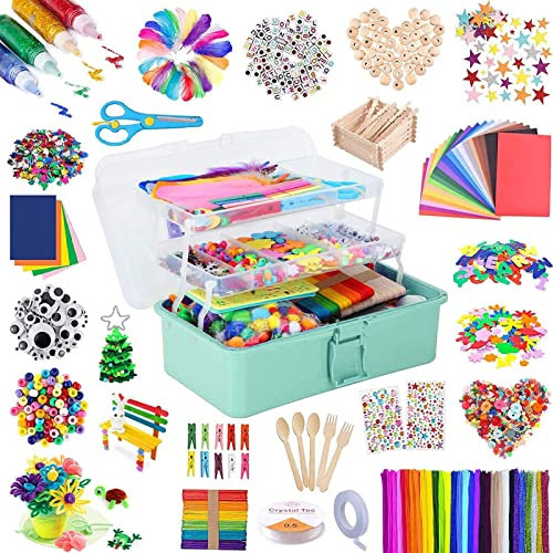 Drookaen Bastelset Kinder, 3000+Pcs Bastelkoffer Bastelbedarf Set Gehören Pipe Pfeifenreiniger Chenilledraht Pompons Kulleraugen DIY (Minzgrün)