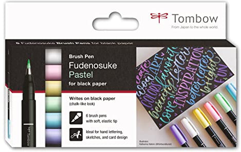 Tombow Fudenosuke Pastel for black paper, 6er-Set, 5 trendigen Pastellfarben + weiß, mit Kreideoptik auf schwarzem Papier, weiche, elastische Spitze, für Handlettering & Skizzen [WS-BS-6P]