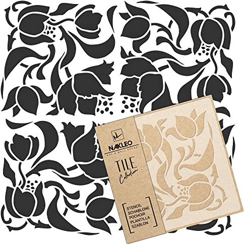 NAKLEO Tile Painting Stencil 30x30 cm, Art Nouveau Deco Flower Geometric, Plastic Reusable Template, Home Decor Craft DIY, Floor Concrete Patio Wall - Terracotta
