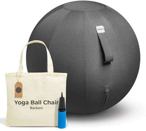 Backerz Sedia Palla Ufficio 75cm - Fitball PVC Anti-Scoppio con pompa, Palla Fitness 110 kg portata Palla Ginnastica con rivestimento in lino per tonificazione, e postura corretta - Nero