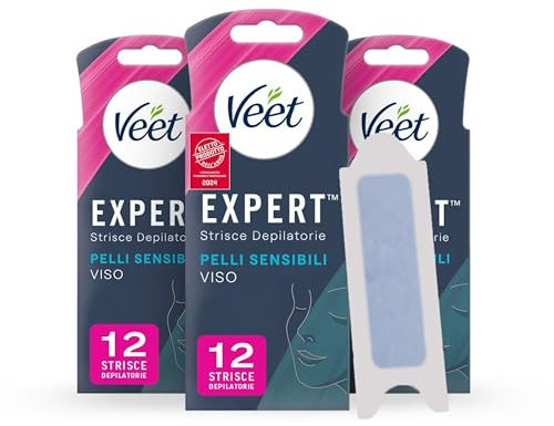 Veet Expert Strisce Depilatorie Viso, Ceretta per Pelli Sensibili con Olio di Mandorla, Dermatologicamente Testate, 3 confezioni da 6x2 strisce + 6 Salviette Post-Epilazione con Olio D'Argan