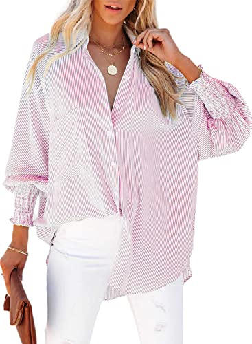 Womens Button Down Blouse Striped Smocked Cuffed Boyfriend Shirt
