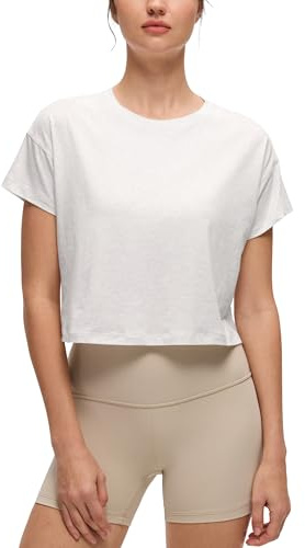 CRZ YOGA Camicie a Maniche Corte da Allenamento in Cotone Pima da Donna Magliette Larghe da Palestra Grigio Ghiaccio/Bianco 42