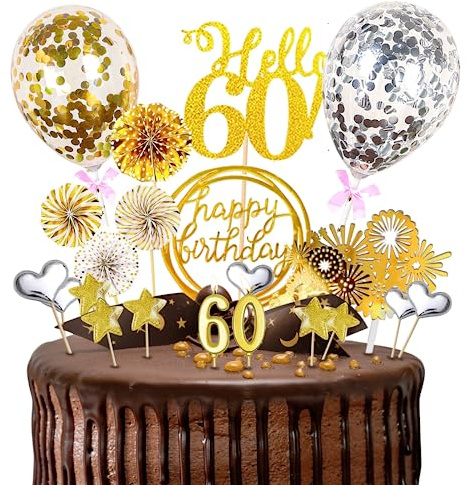 60.Geburtstagstorte Topper Probuk 22 Stücke Gold Glitter Happy Birthday Kuchendeko mit Geburtstagskerzen,Sternen,Konfetti-Luftballons und Papierfächer,Partydekoration für Geburtstags/Hauspartys