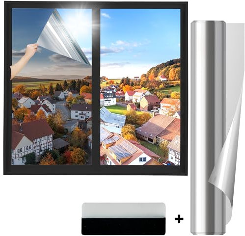 SAMHEITO Sonnenschutzfolie Fenster Innen 40x200cm Fensterfolie Selbstklebend Spiegelfolie Fenster Blickdicht von außen Hitzeschutzfolie Sichtschutzfolie Fenster Wärmeschutzfolie UV Schutzfolie Silber
