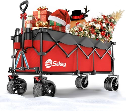 Sekey XXXL Bollerwagen Faltbar 300L 200KG Belastbar, Faltbarer Bollerwagen 17x10 cm Extra Breite Reifen Alle Gelände, Patentiert Klappbar aus Vier Richtungen, XXXL-Super 4013, Rot mit Grau