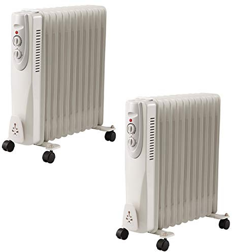 2500W 11 Fin Oil Filled Radiator, 3 Heat Settings and Thermostat Timer, Overheat Safety Cut-off, 2.5kw Portable Heater with Quiet Operation, White (2)