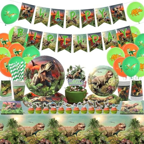 Obussgar Decorazione per feste di compleanno con dinosauro, accessori per feste di dinosauro, inclusi striscioni, piatti, tazze, tovaglioli, tovaglie, palloncini per 20 ospiti