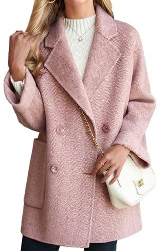 CHARTOU Women Wool Coat Peacoat Jacket Thick Loose Double Breasted Pea Coat Woolen Winter Overcoat (Small,Pink)