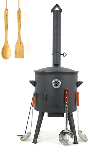 Utschak Feuerofen mit Thermometer Gusseisen Topf Kazan runder Boden mit Deckel (12 L) 2 Schaumlöffel 48 cm Schöpfkelle 48 cm Löffel und Spatel 35 cm, Учаг, Camping, Kasan, Dutch Oven (Set 5)
