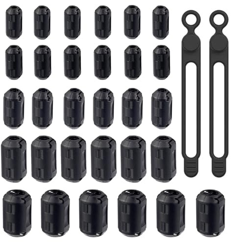 HAPPOW 30 Stück Ferritkerne für Kabel, Klappferrit 3.5/5/7/9/13mm | Ferritkern mit 2 Kabelbinder, Ferrit Ring, für Kabel, USB-Kabel, Mauskabel, Tastaturkabel (Schwarz)
