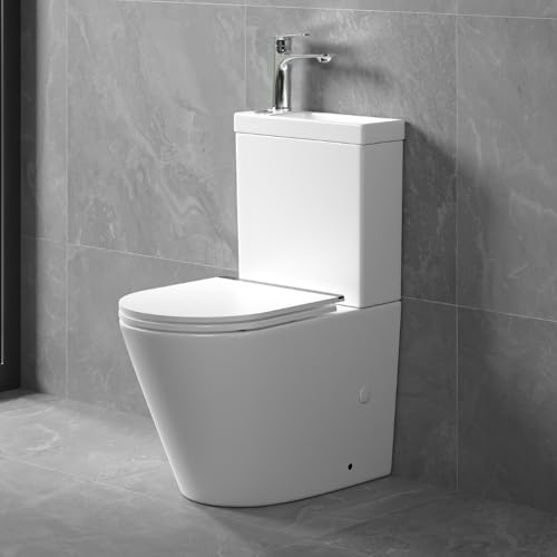 Durovin Bathrooms Close Coupled Two Piece Ceramic Toilet with Sink On Top and tap - Rimless WC Pan with Cistern and Soft Close Seat