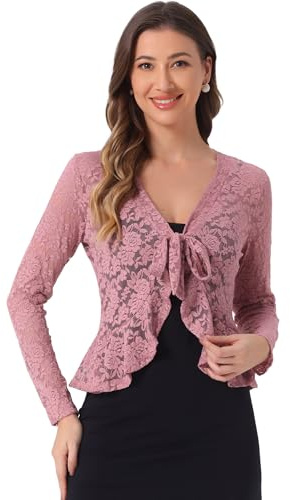 Allegra K Boléro pour femme, manches longues, motif floral, cardigan court en dentelle, rose foncé, XL