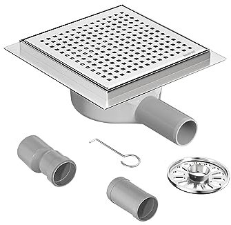 JXIPANUL Bodenablauf Dusche 360° Siphon Edelstahl Duschrinne mit Geruchsverschluss, Haarsieb und 2 Ablaufadaptern, Ablaufrinne Duschrinne 15 x 15 cm