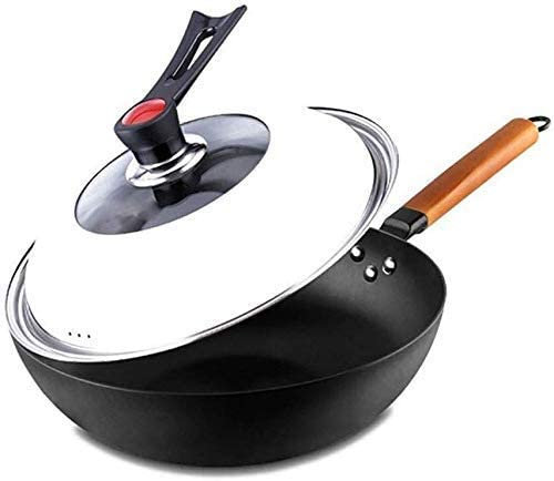 Olla para cocinar, sartén Profunda, Wok, Wok Hierro Fino 32 cm diámetro, Olla Gruesa sin Revestimiento, con Tapa Vidrio, Antiadherente físico, sartenes para Cocina inducción a Gas