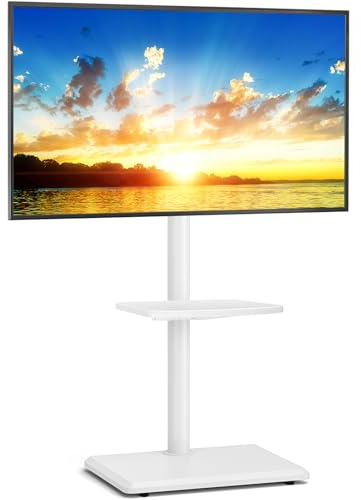5Rcom Support TV au sol universel pivotant avec support pour téléviseurs de 32 à 55 pouces jusqu'à 40 kg, hauteur réglable avec pivot, haut support TV avec base en bois blanc, VESA max 400 x 400 mm