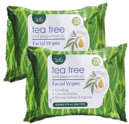 Tea Tree and Peppermint Oil Facial Wipes, Refreshing, Cleanses and Tones, Removes Makeup and Mascara, Suitable for All Skin Types 2 Packs of 25 (50 Wipes)