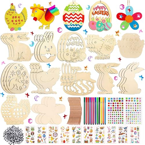 324 Stück Osteranhänger Holz zum Malen, Basteln, Ostern, Basteln, für Kinder, Ostern, Bastelset mit Holzanhänger, Stift
