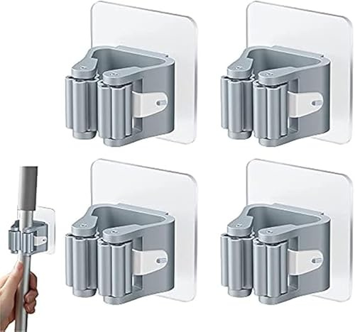 Harford 4Pcs Self Adhesive Mop Broom holder Wall Mounted White Mop And Broom Holder No Drill Wall Mounted Organizer Clip Wall Mount Broom Clips Broom Clips Without Drilling for Kitchen bathroom hook